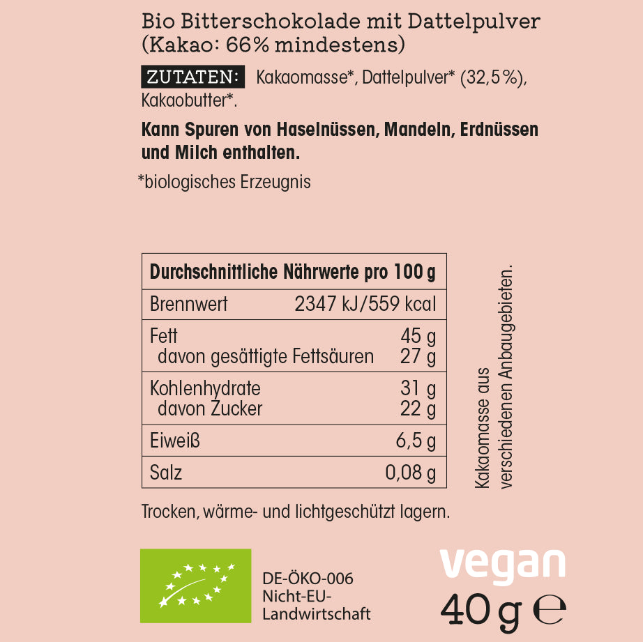 sechsundsechzig pro – Bio Bitterschokolade mit Dattelzucker 40 g