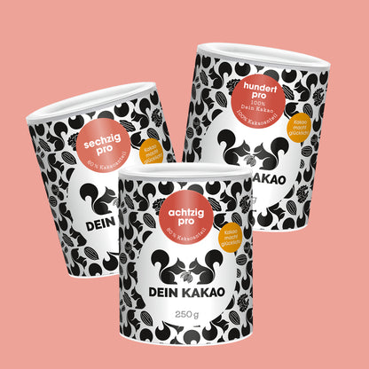 Unser Puristen-Trio als Geschenkset 750 g Bio-Schokoladenpulver