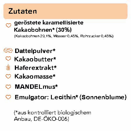 Karamellisierte Kakaobohnen in Bio Hafer-Mandel-Kakaomasse mit 39%-Kakaogehalt und Dattelpulver 250 g