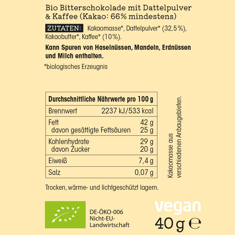 Guten Morgen! – Bio Bitterschokolade mit Dattelzucker & Kaffee 40 g
