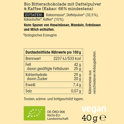 Guten Morgen! – Bio Bitterschokolade mit Dattelzucker & Kaffee 40 g