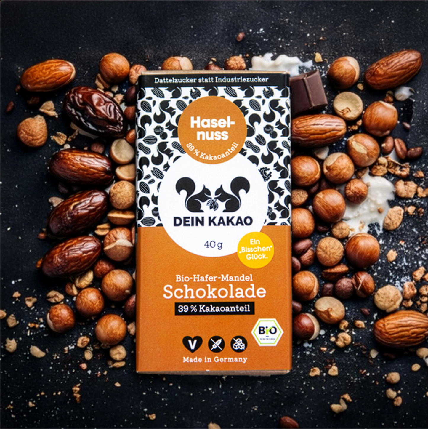 Haselnuss – Zartschmelzende Bio-Kakao-Tafel mit Hafer- & Mandelbasis, Dattelzucker & Haselnuss 40 g