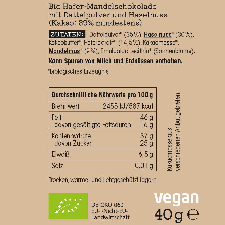 Haselnuss – Zartschmelzende Bio-Kakao-Tafel mit Hafer- & Mandelbasis, Dattelzucker & Haselnuss 40 g