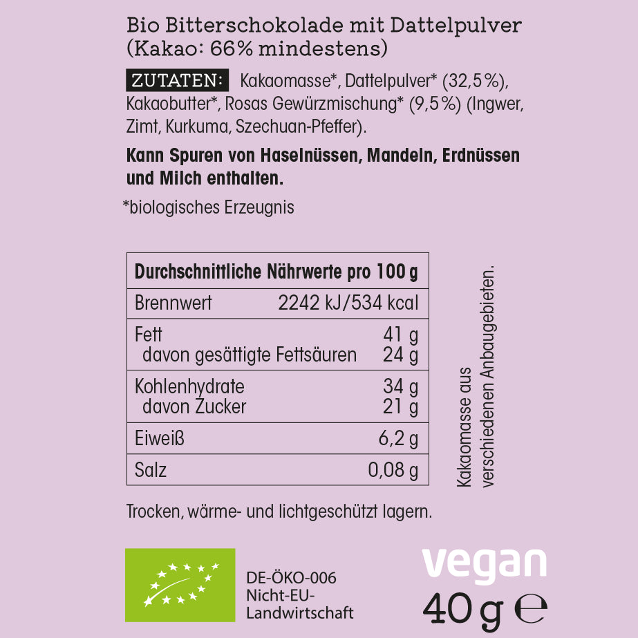 1 VE 20x Rosas Mischung – Bio Bitterschokolade mit Dattelzucker, Ingwer, Kurkuma, Zimt und Szechuan-Pfeffer 40g