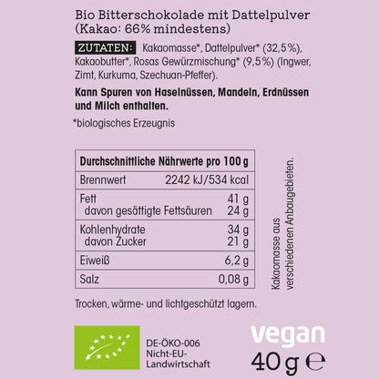 1 VE 20x Rosas Mischung – Bio Bitterschokolade mit Dattelzucker, Ingwer, Kurkuma, Zimt und Szechuan-Pfeffer 40g