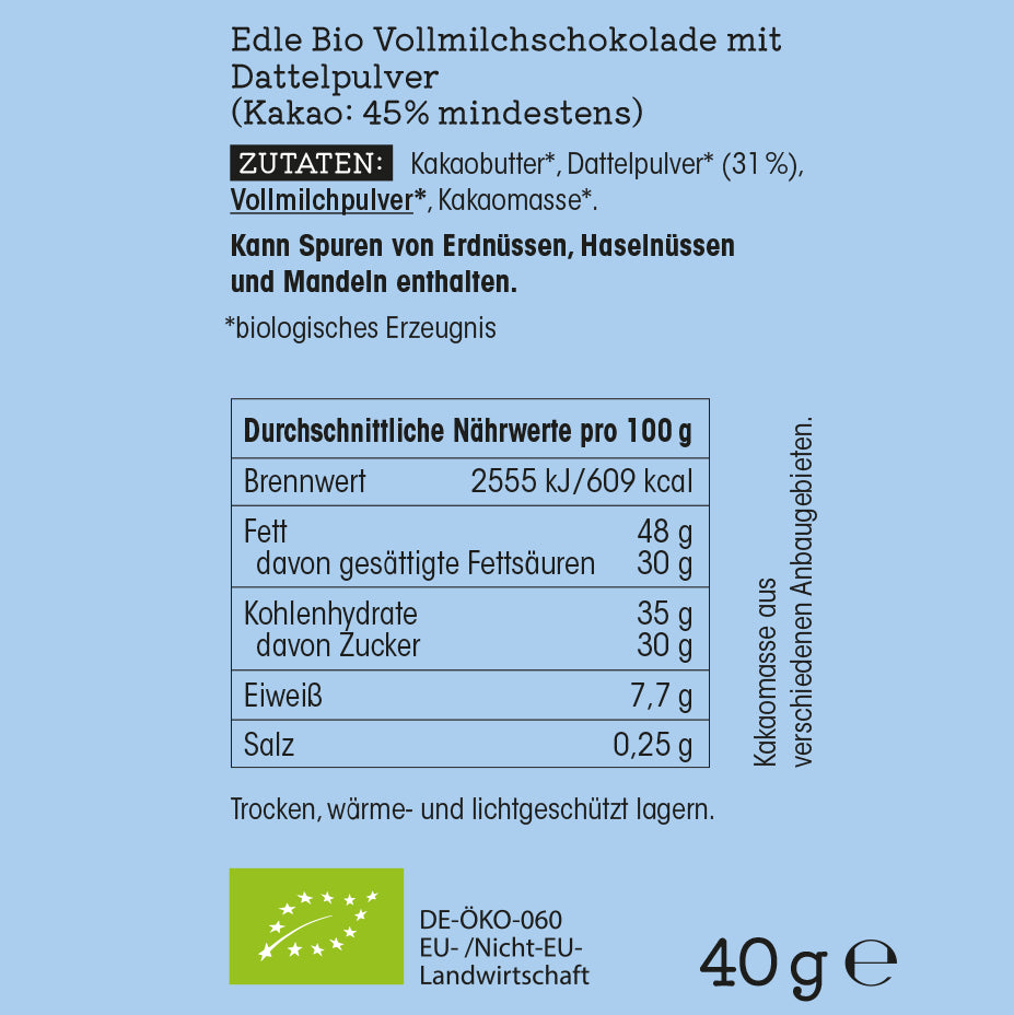 Vollmilch – Bio Vollmilchschokolade mit Dattelzucker 40 g