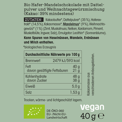 fest edition – Zartschmelzende Bio-Kakao-Tafel auf Hafer-Mandelbasis mit Dattelzucker & Weihnachtsgewürz 40 g