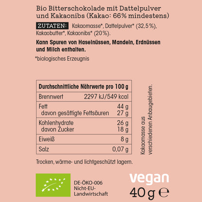 sechsundsechzig pro CRUNCH – Bio Bitterschokolade mit Kakaonibs und Dattelzucker 40g