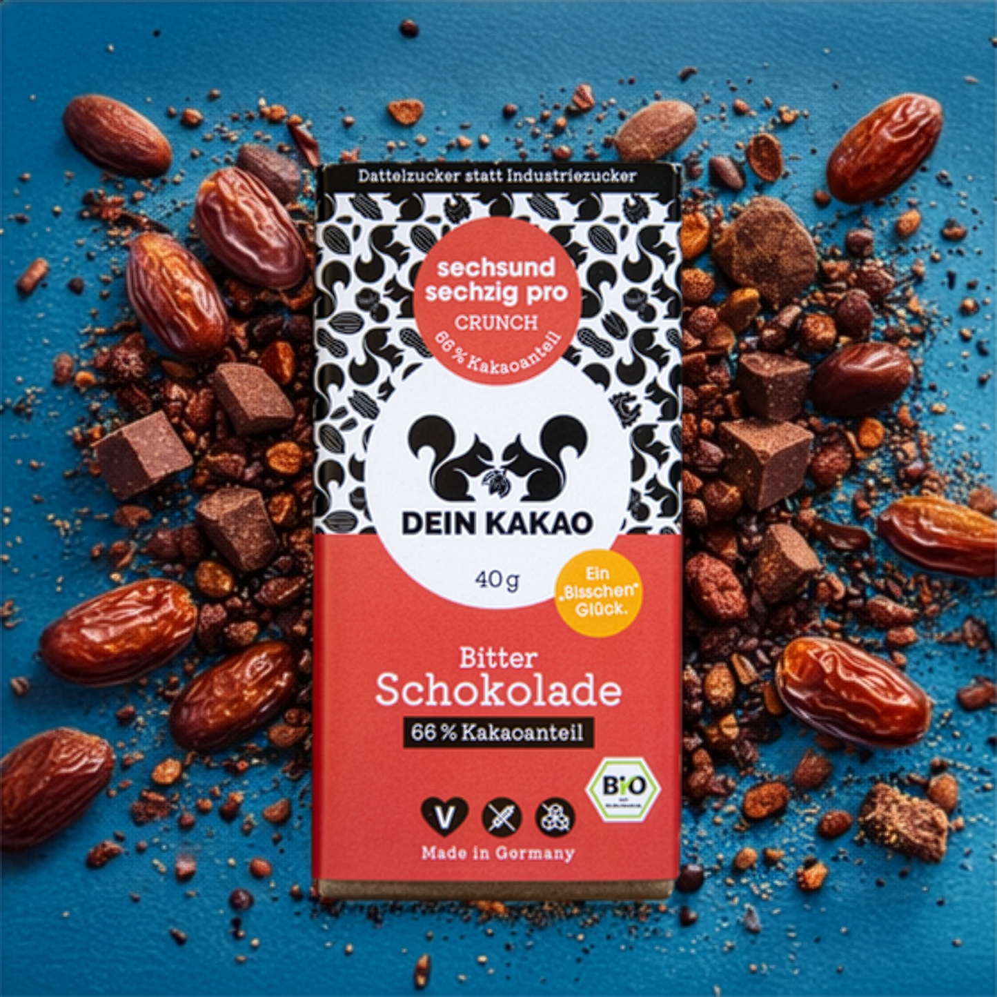 sechsundsechzig pro CRUNCH – Bio Bitterschokolade mit Kakaonibs und Dattelzucker 40g