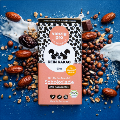 vierzig pro – Zartschmelzende Bio-Kakaotafel mit Hafer-Mandelbasis und Dattelzucker 40 g