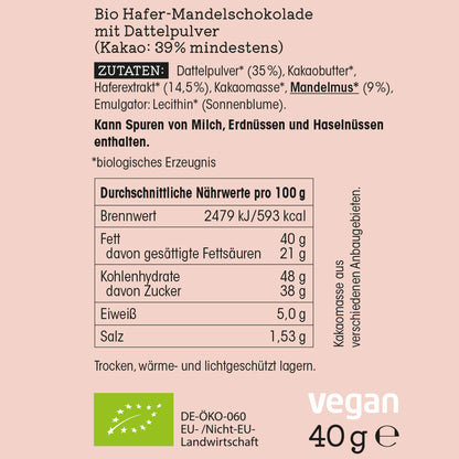 vierzig pro – Zartschmelzende Bio-Kakaotafel mit Hafer-Mandelbasis und Dattelzucker 40 g