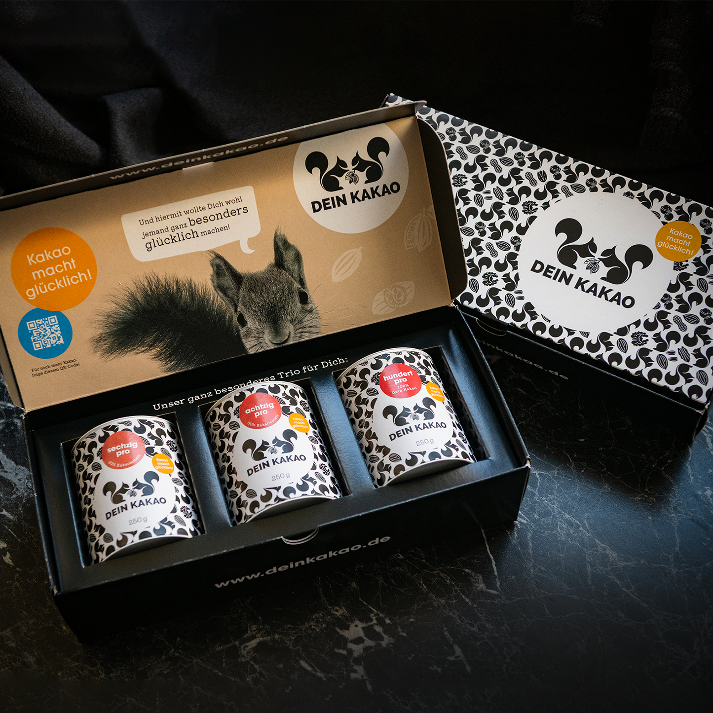 Unser Puristen-Trio als Geschenkset 750 g Bio-Schokoladenpulver mit Geschenkverpackung